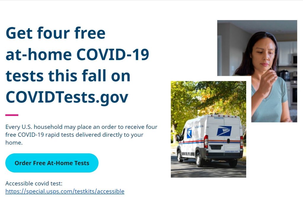Collage de fotos que muestra a una mujer usando una prueba de COVID en casa y un camión de correo de USPS. El texto dice: Obtenga cuatro pruebas gratuitas de COVID-19 en casa este otoño en COVIDTests.gov. Todos los hogares de EE. UU. pueden hacer un pedido para recibir cuatro pruebas rápidas gratuitas de COVID-19 entregadas directamente en su hogar.