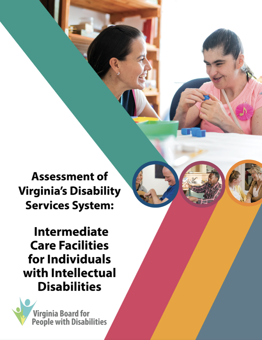 Cubierta de los centros de atención intermedia para personas con discapacidad intelectual, con un estudiante interactuando con su profesor.