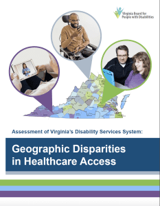 Portada de la Evaluación de las Disparidades Geográficas en el Acceso a la Atención Médica, con un mapa de Virginia e íconos de personas con discapacidades en todo el estado que usan la telemedicina.