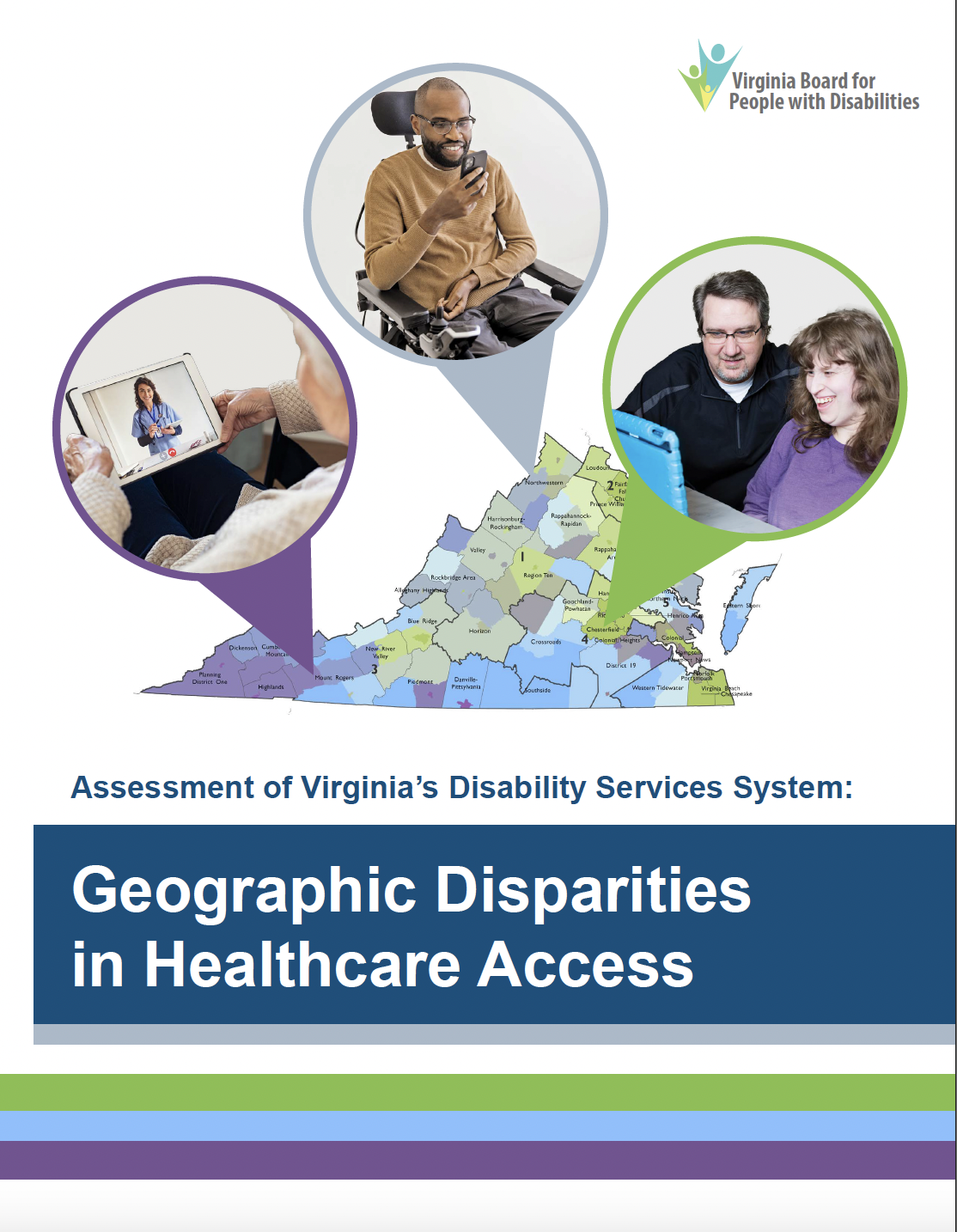 Portada de las disparidades geográficas en la evaluación del acceso a la atención médica, con un mapa de Virginia con imágenes de personas en citas de telemedicina en todo el estado.
