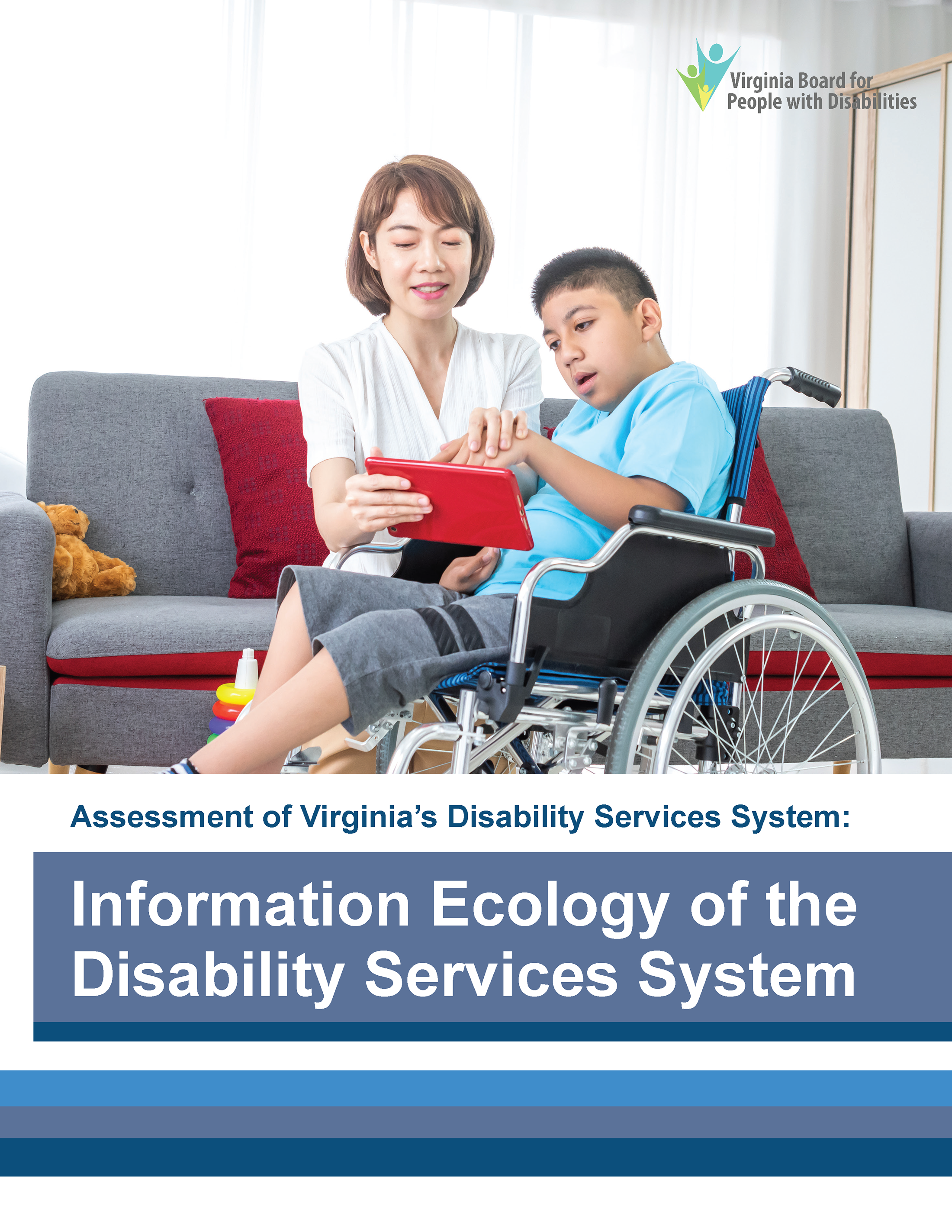 Portada de la Ecología de la Información de la Evaluación del Sistema de Servicios para Discapacitados, que muestra a una mujer y un niño en silla de ruedas mirando una tableta juntos.