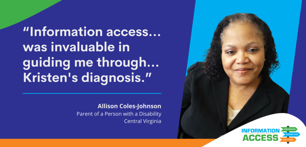 cita de Allison Coles Johnson que dice "el acceso a la información fue invaluable para guiarme a través del diagnóstico de Kristen"